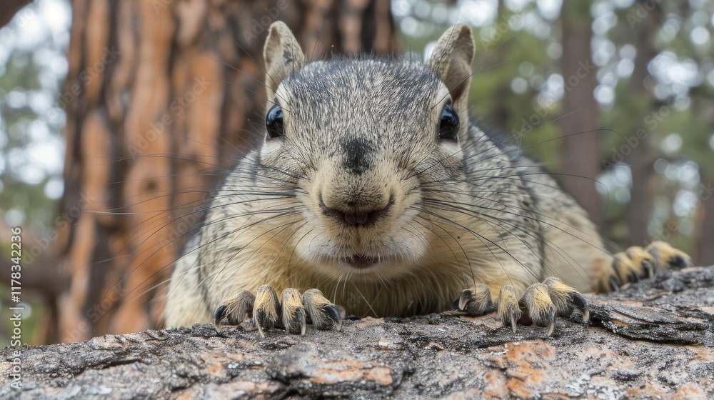 Curious squirrel peering over log in forest, wildlife close-up for nature projects