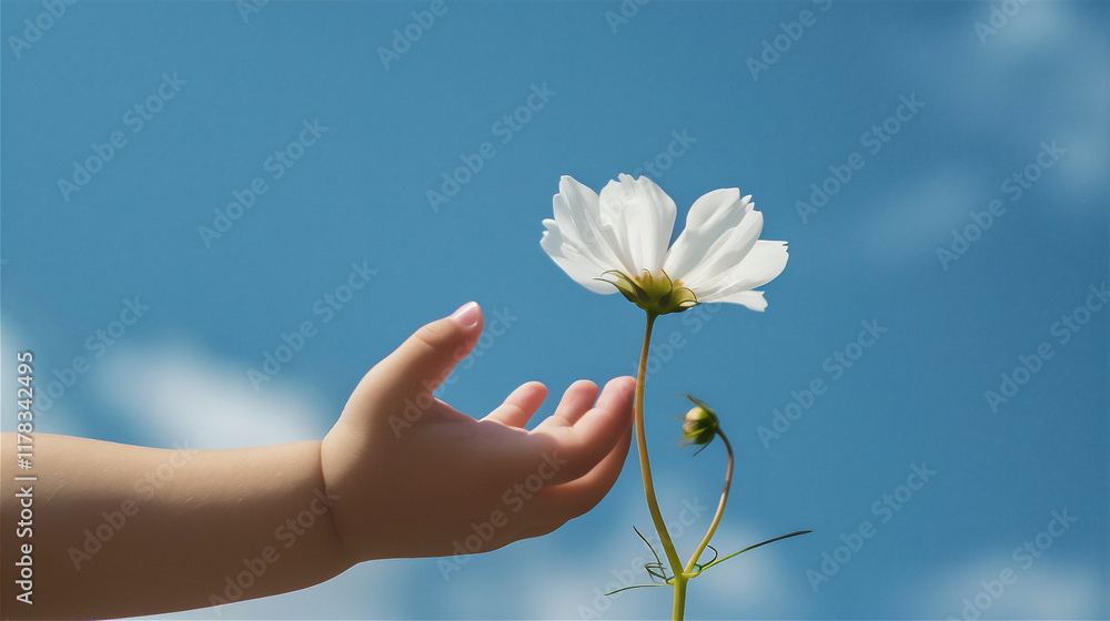 Blossom flower in baby's hand in close up, version 30 Blossom flower in baby's hand in close up, version 30