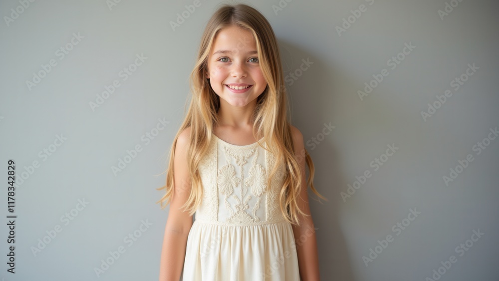 A delicate young girl with sun-kissed locks and a flowing white gown stands poised against a soft gray backdrop A delicate young girl with sun-kissed locks and a flowing white gown stands poised against a soft gray backdrop