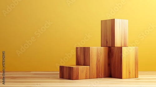 Wooden Blocks Arranged As A Step Structure Against Yellow Wall photo