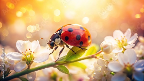 Vintage spring garden: detailed ladybug close-up.