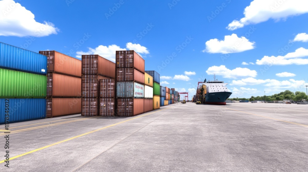 Shipping containers and a cargo ship at a port under clear skies. Shipping containers and a cargo ship at a port under clear skies.