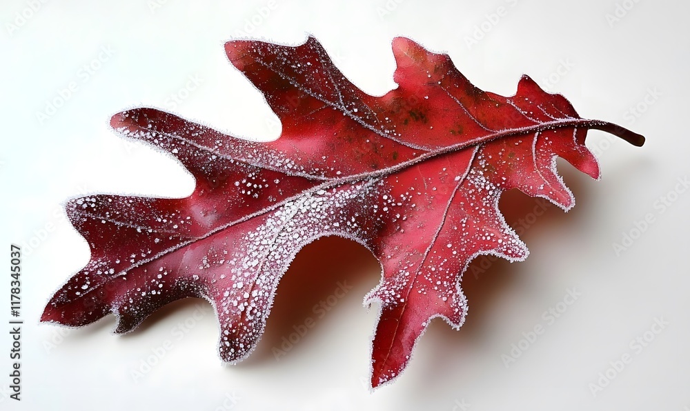 Fototapeta premium Frosted red oak leaf on white background.