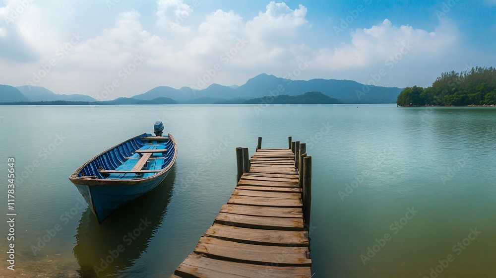 Naklejka premium Serene lake view with wooden pier and small boat.