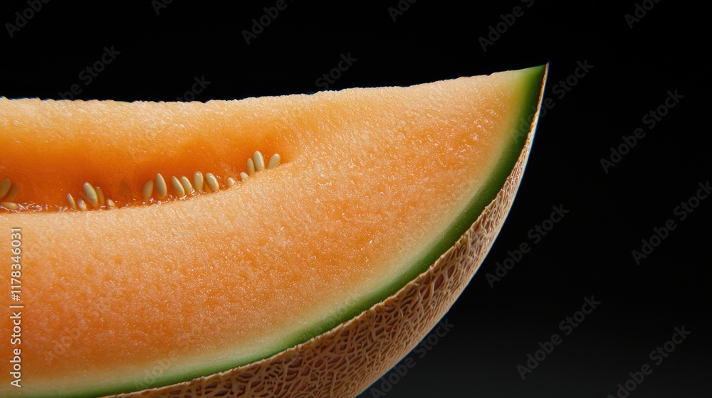 Close-up of a cantaloupe slice showcasing its texture and color. Close-up of a cantaloupe slice showcasing its texture and color.