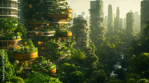 An abstract cityscape showcasing green buildings and urban gardens, where residents practice sustainable living, represented by vibrant colors and organic shapes.  