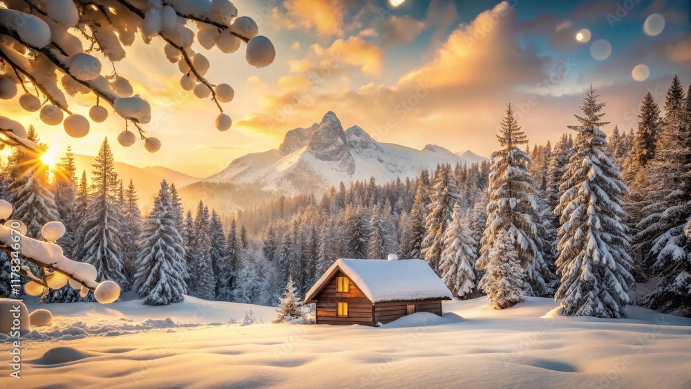 Fototapeta premium Golden Hour Serenity A Cozy Cabin Nestled in a Snow-Covered Mountain Forest at Sunrise