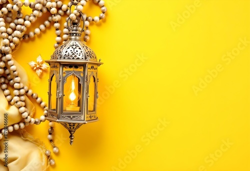 Fawanis. Traditional Ramadan lantern with prayer beads on bright yellow background. Clear space for text. photo