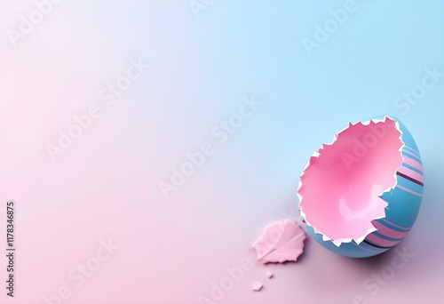 Pink and blue Easter egg open and cracked in half. Empty copy space for text or product.