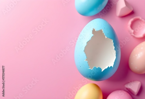 Pink and blue Easter egg open and cracked in half. Empty copy space for text or product.