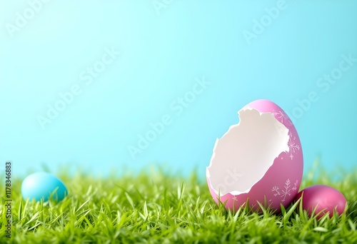 Pink and blue Easter egg open and cracked in half. Empty copy space for text or product.