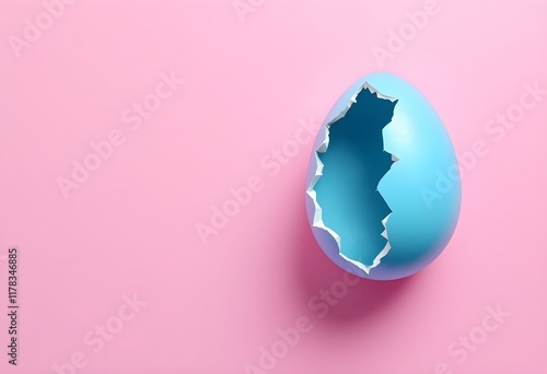 Pink and blue Easter egg open and cracked in half. Empty copy space for text or product.