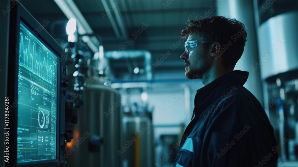 A man in a lab coat is looking at a computer screen with a green screen A man in a lab coat is looking at a computer screen with a green screen