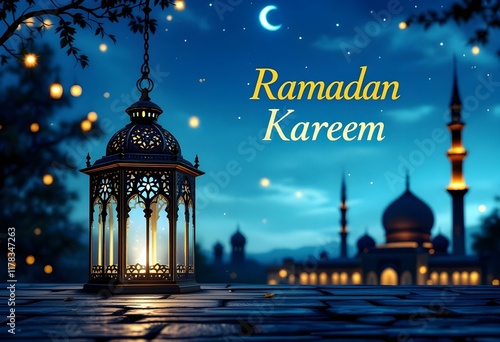 Ramadan Kareem greeting. Islamic lantern near mosque with night sky with crescent moon and stars. End of fasting. Hari Raya card. Eid al-Fitr decoration. Breaking of holy fast day. Muslim holiday. photo