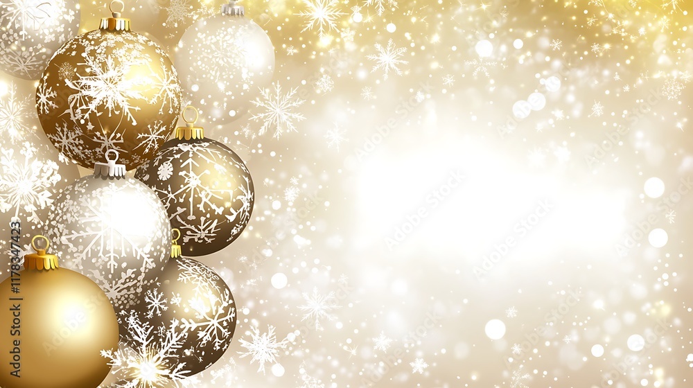 Gold and silver ornaments sparkle with snowflakes Gold and silver ornaments sparkle with snowflakes