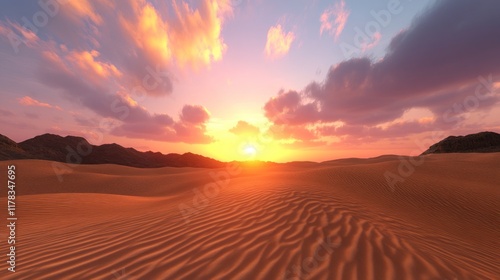 A serene desert sunset with colorful skies and rolling sand dunes. photo