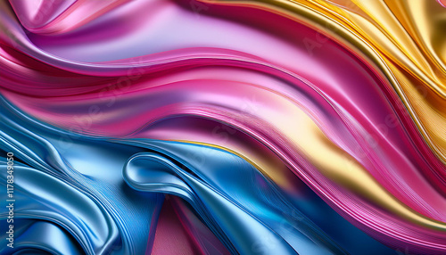 shiny silk like waves in vibrant pink blue and yellow tones creating a luxurious abstract texture