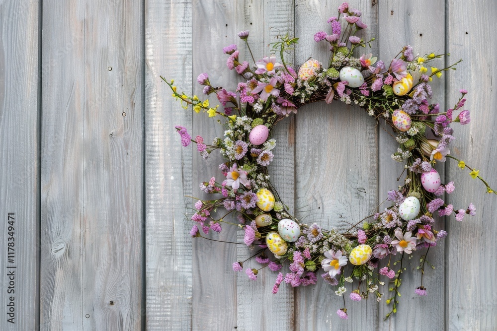 Floral easter wreath on rustic wood Floral easter wreath on rustic wood