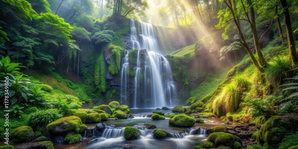 Serene Waterfall Cascading Through Lush, Mossy Landscape Bathed in Sunlight's Golden Rays Serene Waterfall Cascading Through Lush, Mossy Landscape Bathed in Sunlight's Golden Rays