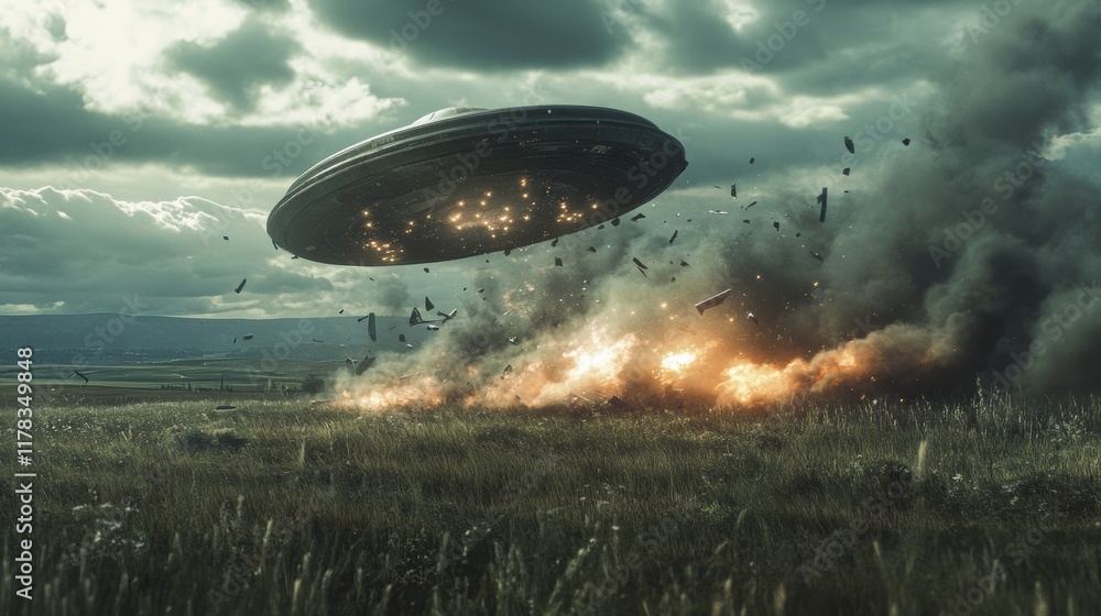 A realistic photo of a flying saucer emergency landing, debris scattered across a grassy field, smoke and light effects creating a dramatic sci-fi moment, A realistic photo of a flying saucer emergency landing, debris scattered across a grassy field, smoke and light effects creating a dramatic sci-fi moment,