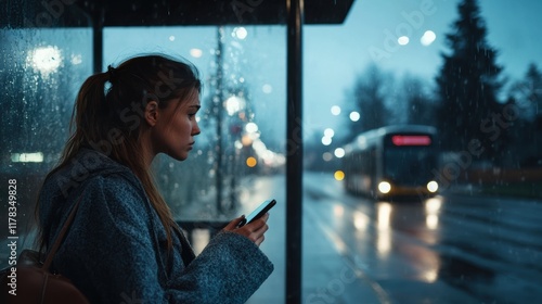 

Woman at Bus Stop Checking Phone on Rainy Evening