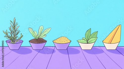 Vibrant Culinary Herbs and Spices Illustration: A Flat-Lay Digital Artwork in a Playful Style. AI Generated photo