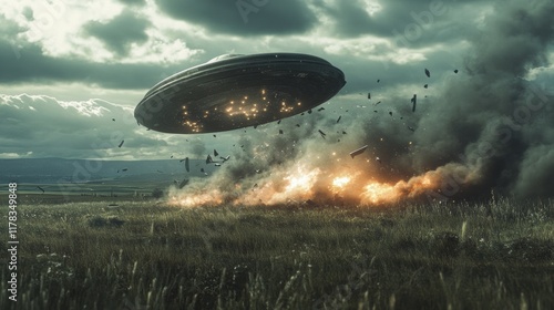 A realistic photo of a flying saucer emergency landing, debris scattered across a grassy field, smoke and light effects creating a dramatic sci-fi moment,