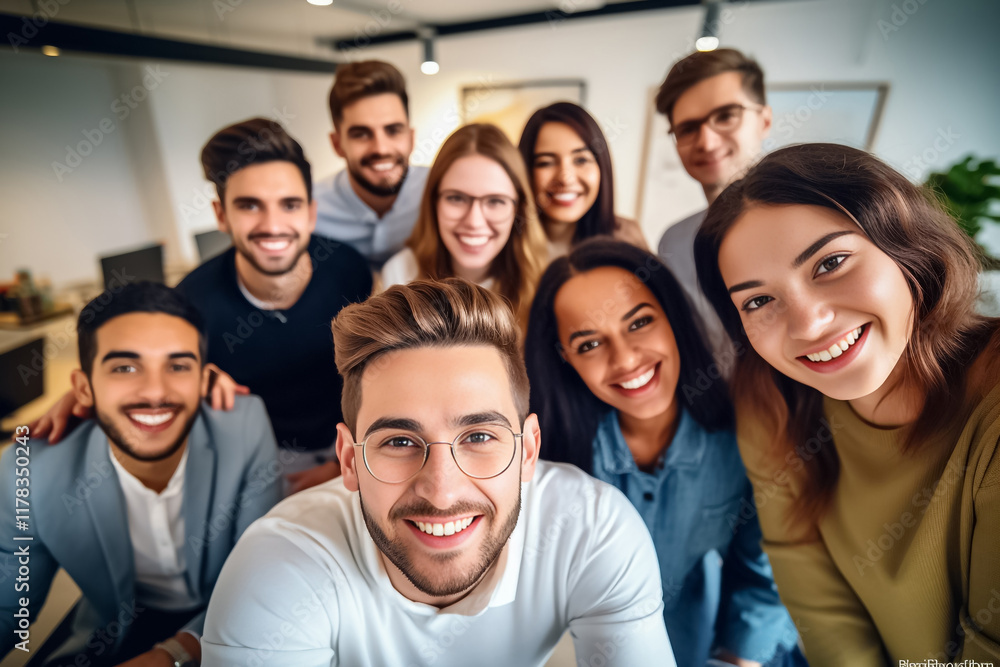 Obraz premium Portrait of successful group of business people at modern office looking at camera. Portrait of happy businessmen and satisfied businesswomen standing and smile as a team. Generative AI.