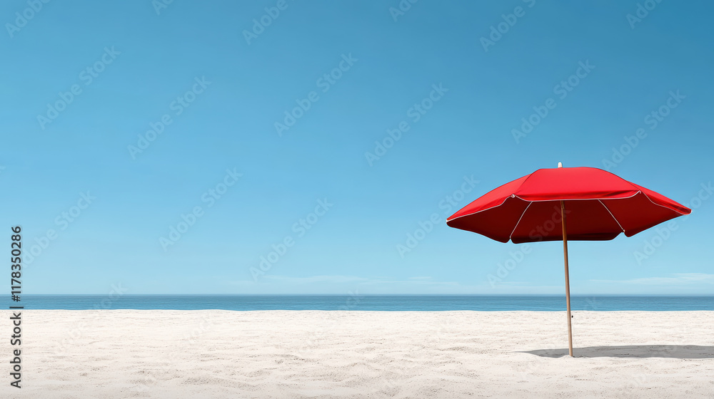 vibrant red umbrella stands on sandy beach under clear blue sky vibrant red umbrella stands on sandy beach under clear blue sky