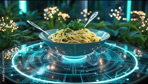 A futuristic dining experience with a bowl of spaghetti on a glowing platform, surrounded by a vibrant, otherworldly environment, with hovering spoons, illustrating a technologically advanced transfor