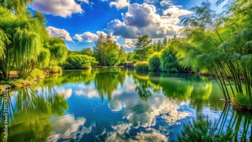 Serene Pond Reflected in Azure Sky Lush Green Willows and Bamboo Frame Tranquil Waters, Clouds Drifting Above