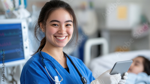 Australian nurse doctor woman in medical coat with tablet take care girl patient