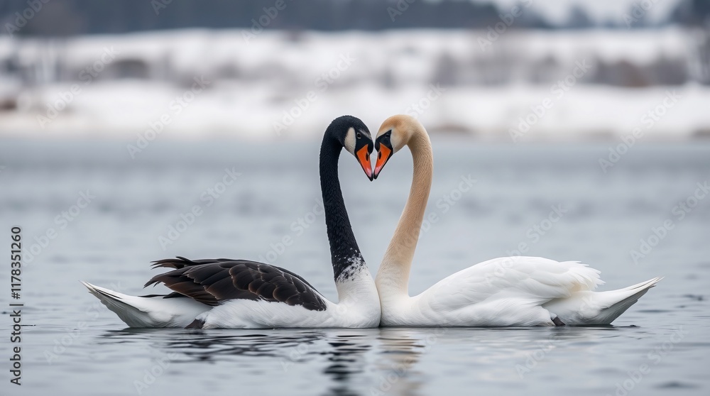 Fototapeta premium White and black swans in a serene mountain lake creating a heart shape with their necks