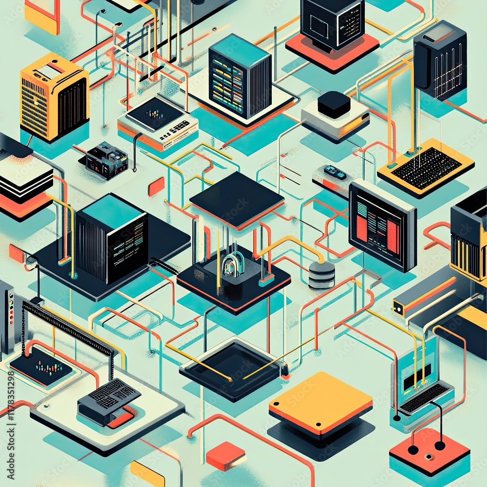 Obraz premium Isometric network infrastructure, data flow, connected devices, tech background for IT visualization