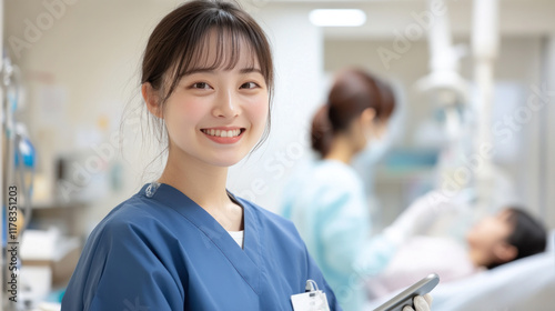 Japanese nurse doctor woman in medical coat with tablet take care girl patient