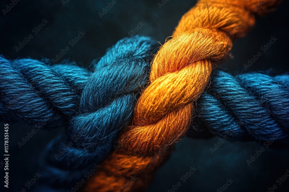 Blue and Orange Ropes Intertwined: Knotted Fibers, Contrasting Colors, Textured Threads, Abstract Art, Close-up View, Intricate Design Blue and Orange Ropes Intertwined: Knotted Fibers, Contrasting Colors, Textured Threads, Abstract Art, Close-up View, Intricate Design