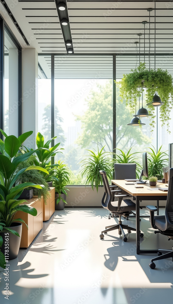 Fototapeta premium Modern Eco-Friendly Office Space with Natural Light and Plants