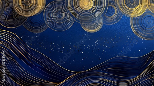Abstract golden and blue landscape with swirling lines and circular patterns.