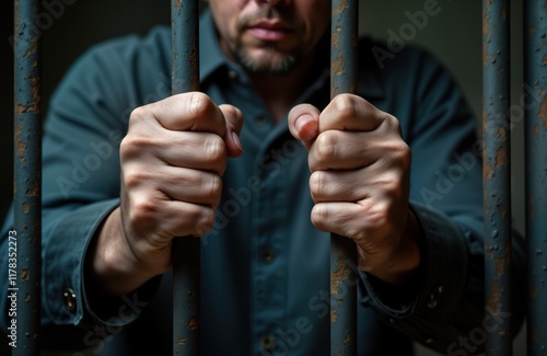 Man trapped behind prison bars. Hands grip metal bars tightly. Dark, somber scene. Focus on imprisonment, legal concepts. Powerlessness, confinement themes. Photo evokes themes of crime, punishment, photo