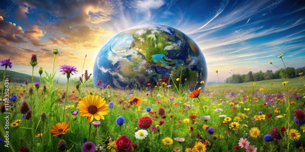 A vibrant meadow blossoms in the gentle sunrise, with a majestic Earth globe rising behind it, symbolizing the harmony between nature and our planet. A vibrant meadow blossoms in the gentle sunrise, with a majestic Earth globe rising behind it, symbolizing the harmony between nature and our planet.