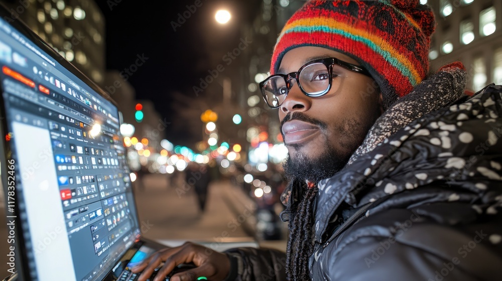 Man working on laptop at night in city with blurred background Man working on laptop at night in city with blurred background