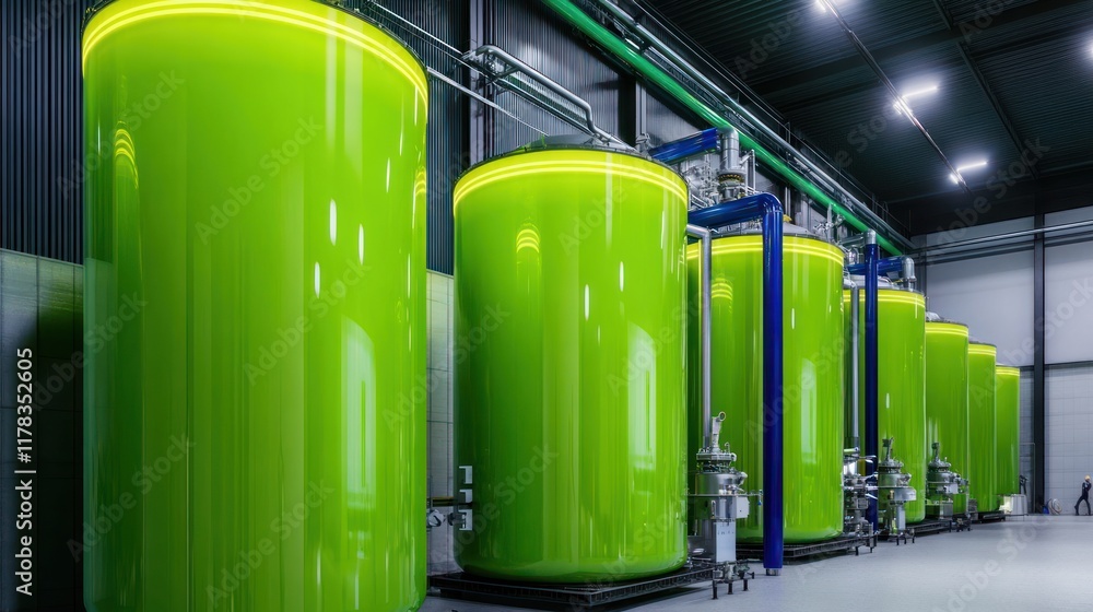 Large green tanks in an industrial setting, likely for biofuel production. Large green tanks in an industrial setting, likely for biofuel production.