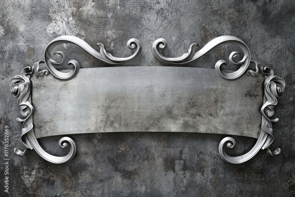 Elegant ornate silver sign on textured wall Elegant ornate silver sign on textured wall