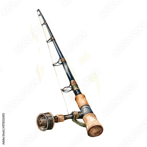 A watercolor drawing of a fishing rod, isolated on a white background. Fishing rod vector.
