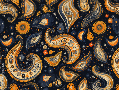 Blue Orange Paisley Pattern Boho Hippie Bohemian Background Wallpaper photo