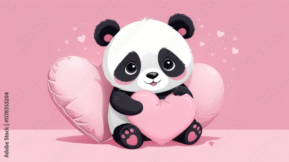 Naklejka premium computer wallpaper cute pink ,Cute panda hugging a pastel pink heart-shaped pillow