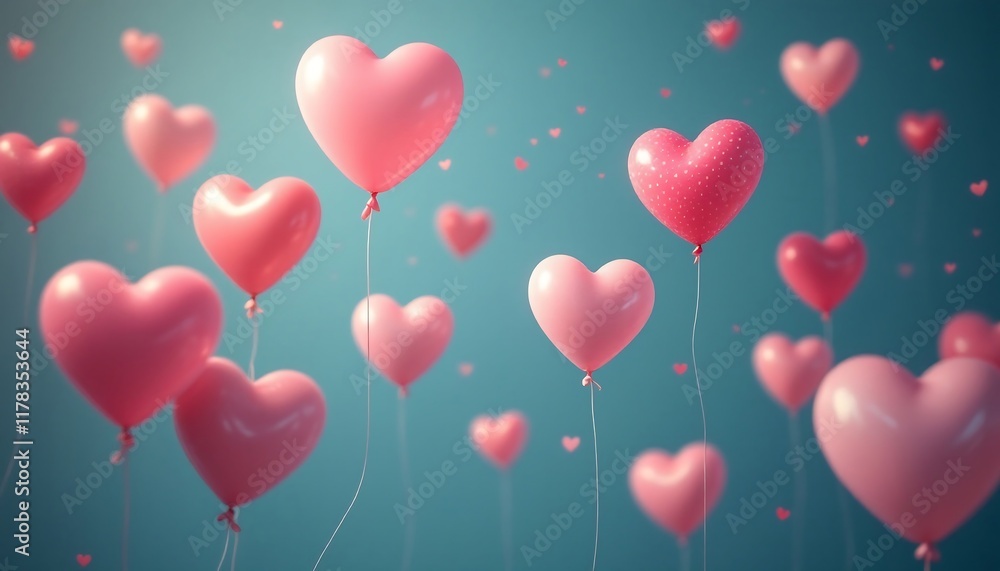 Romantic Pink Heart Balloons Floating on Teal Background - Valentine's Day, Love, Romance Romantic Pink Heart Balloons Floating on Teal Background - Valentine's Day, Love, Romance