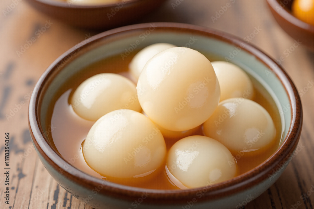 A close-up of a bowl of tangyuan (sweet glutinous rice balls) served in a light syrup.
A close-up of a bowl of tangyuan (sweet glutinous rice balls) served in a light syrup.