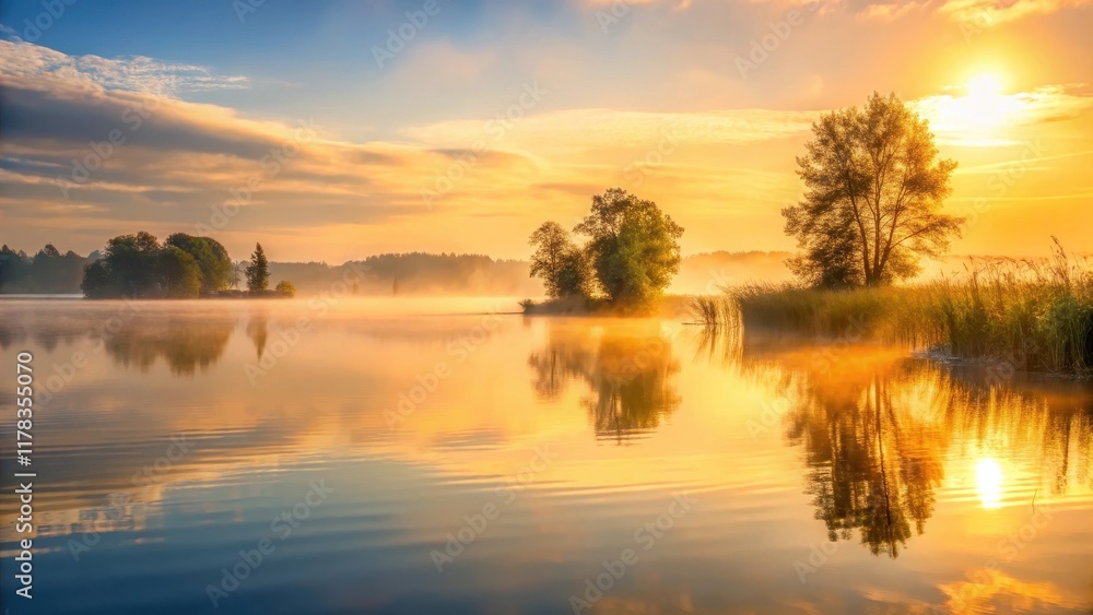 Obraz premium Golden Sunrise Over Serene Lake with Misty Islands and Trees