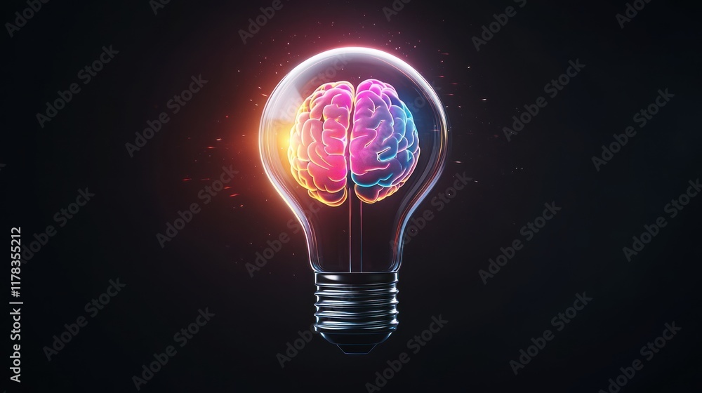 A light bulb contains a colorful brain, symbolizing creativity. A light bulb contains a colorful brain, symbolizing creativity.